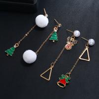 Zinc Alloy Asymmetric Earrings, with Plush & Plastic Pearl, plated, Christmas jewelry & for woman & with rhinestone 