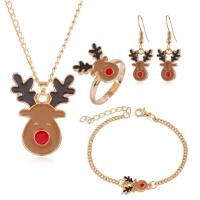Conjuntos de joya de aleación de cinc de esmalte, aleación de zinc, anillo de dedo & pulsera & pendiente & collar, chapado, 4 piezas & Joyas de Navidad & para mujer, dorado, Vendido por Set