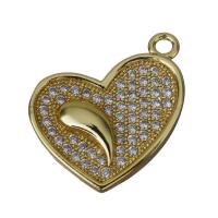 Colgantes de corazón de latón, metal, chapado en color dorado, micro arcilla de zirconia cúbica, 16x19.5x3.5mm, agujero:aproximado 2mm, Vendido por UD