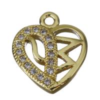Латунные подвески-сердце, Латунь, Сердце, плакирован золотом, инкрустированное микро кубического циркония & отверстие отверстие:Приблизительно 1.5mm, продается PC