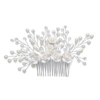 Decorative Hair Combs, Zinc Alloy, with ABS Plastic Pearl & Resin, platinum color plated, for woman, white 
