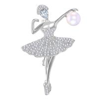 Rhinestone Zinc Alloy Brooch, with Plastic Pearl, Girl, plated, for woman & with rhinestone 59*37mm 