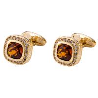Brass Cufflinks, with Crystal, gold color plated, micro pave cubic zirconia & for man & faceted 