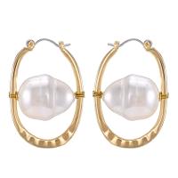 Zinc Alloy Hoop Earring, with Plastic Pearl, plated, fashion jewelry & for woman, golden, 40mm 