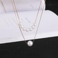 Titanium Steel Jewelry Necklace, with Plastic Pearl, with 5cm extender chain, plated, Double Layer & for woman, rose gold color Inch 