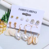 Zinc Alloy Earring Set, Stud Earring & earring, with Shell & Plastic Pearl, plated, 6 pieces & fashion jewelry & for woman, golden 