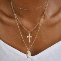 Zinc Alloy Necklace, Cross, synthetic, three layers & Unisex & adjustable & figaro chain & box chain, golden, 38mm 
