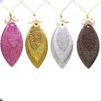 PU Leather Cord Necklace, with Crystal & Iron, Leaf, gold color plated, oval chain & for woman Approx 17.7 Inch 