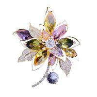 Brass Brooch, with Glass, Flower, plated, micro pave cubic zirconia & for woman 