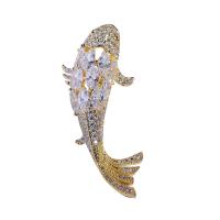 Brass Brooch, Fish, gold color plated, Unisex & micro pave cubic zirconia 