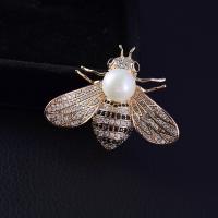 Brass Brooch, Bee, gold color plated, micro pave cubic zirconia & for woman 