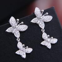 Cubic Zirconia Micro Pave Brass Earring, Butterfly, plated, micro pave cubic zirconia & for woman, silver color, 25*13mm 