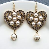 Plastic Pearl Zinc Alloy Earring, with Plastic Pearl & Iron, Heart, gold color plated, for woman & with rhinestone, nickel, lead & cadmium free, 32mm 