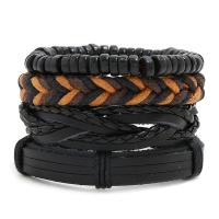 PU Leather Cord Bracelets, with Waxed Cotton Cord & Wood, 4 pieces & Adjustable & Unisex, black, 180mm 
