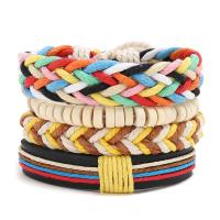 PU Leather Cord Bracelets, with Waxed Cotton Cord & Linen & Wood, 4 pieces & Adjustable & Unisex, mixed colors, 180mm 
