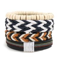 PU Leather Cord Bracelets, with Waxed Cotton Cord & Linen & Wood, 4 pieces & Adjustable & Unisex, mixed colors, 180mm 