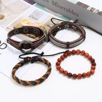 PU Leather Cord Bracelets, with Faux Leather & Waxed Cotton Cord & Linen & Wood, 4 pieces & Adjustable & Unisex, mixed colors, 180mm 