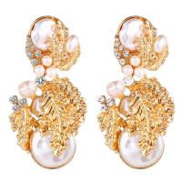 Zinc Alloy Drop Earring, with Resin Pearl, Leaf, synthetic, for woman & with rhinestone, golden 