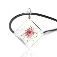 Glass Sweater Chain Necklace, with Dried Flower & PU Leather & Zinc Alloy, silver color plated, for woman 20mm Approx 25.6 Inch 