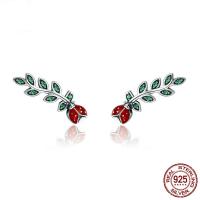 Sterling Silver Stud Earring, 925 Sterling Silver, Leaf, plated, micro pave cubic zirconia & for woman & enamel 