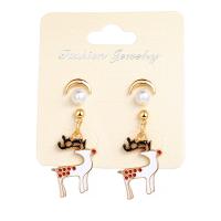 Zinc Alloy Drop Earring, with Plastic Pearl, Christmas Reindeer, gold color plated, with zinc alloy earnut & Christmas Design & Unisex 