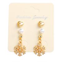 Zinc Alloy Drop Earring, with Crystal & Plastic Pearl, Snowflake, gold color plated, with zinc alloy earnut & Christmas Design & Unisex 
