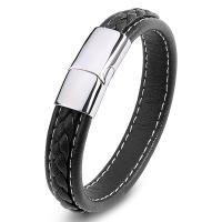 PU Leather Cord Bracelets, with Stainless Steel, fashion jewelry & Unisex black 