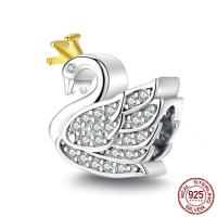 Cubic Zirconia Micro Pave Sterling Silver Bead, 925 Sterling Silver, Swan, platinum plated, DIY & micro pave cubic zirconia 