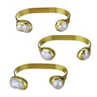 Brass Cuff Bangle, with Freshwater Pearl, gold color plated, fashion jewelry & for woman, 15-17mm,8.5mm,68-71mm 