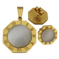 Fashion Stainless Steel Jewelry Sets, Stud Earring & pendant, with Cats Eye, gold color plated, with roman number & for woman  Approx 