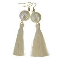 Stainless Steel Tassel Earring, with Cotton Thread & Plastic Pearl, gold color plated, for woman, 88mm 