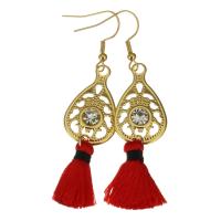 Stainless Steel Tassel Earring, with Cotton Thread, gold color plated, for woman & with rhinestone, 68mm 