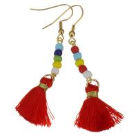 Stainless Steel Tassel Earring, with Cotton Thread & Seedbead, gold color plated, for woman, 64mm 