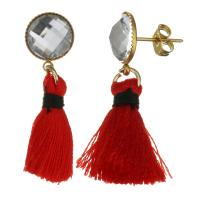Stainless Steel Tassel Earring, with Cotton Thread & Glass, gold color plated, for woman, 35mm 