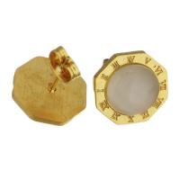 Stainless Steel Stud Earring, with Cats Eye, gold color plated, with roman number & for woman 
