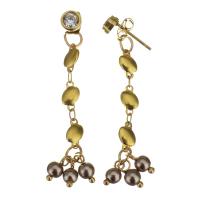 Stainless Steel Drop Earring, with Plastic Pearl, gold color plated, for woman & with rhinestone, 52mm 