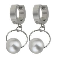 Stainless Steel Huggie Hoop Drop Earring, with Plastic Pearl, fashion jewelry & for woman, original color, 32mm 