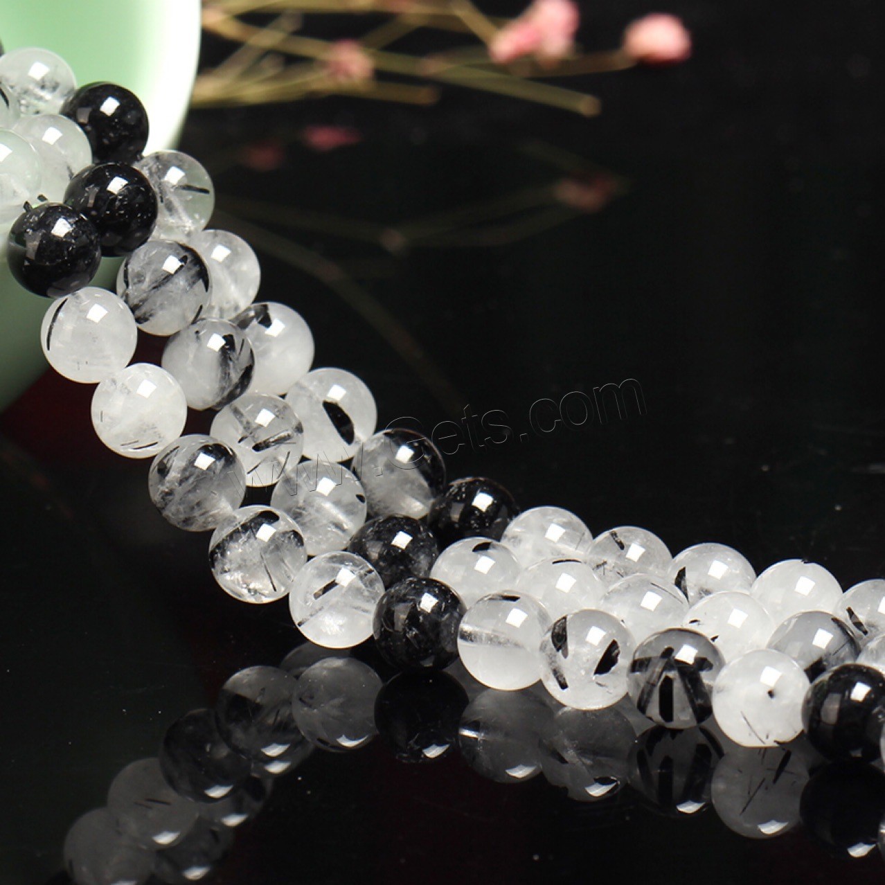 Rutilated Quartz Beads, Round, polished, different size for choice, white and black, Hole:Approx 1mm, Sold By Strand