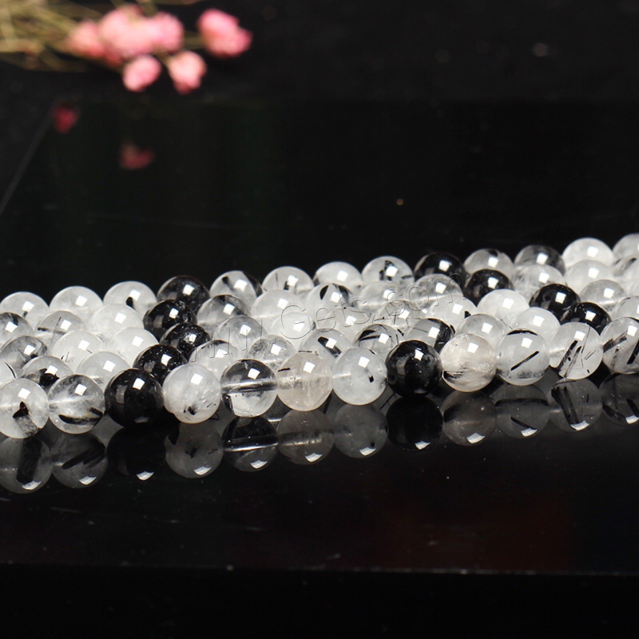 Rutilated Quartz Beads, Round, polished, different size for choice, white and black, Hole:Approx 1mm, Sold By Strand