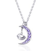 Cubic Zirconia Micro Pave Sterling Silver Necklace, 925 Sterling Silver, with 60mm extender chain, Moon, platinum plated, micro pave cubic zirconia & for woman Approx 16.5 Inch 