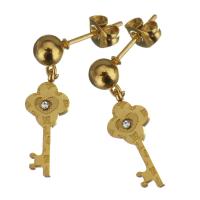 Stainless Steel Drop Earring, Key, gold color plated, for woman & with rhinestone, 24mm 