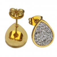 Stainless Steel Rhinestone Stud Earring, with Rhinestone Clay Pave, Teardrop, gold color plated, fashion jewelry & for woman 
