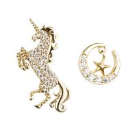 Asymmetric Earrings, Zinc Alloy, sterling silver post pin, Unicorn, gold color plated, without earnut & for woman & with rhinestone 