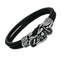 Cowhide Bracelets, Leather, with 316L Stainless Steel, Motorcycle, real gold plated, braided bracelet & for man, black mm 