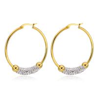 Stainless Steel Hoop Earring, for woman & with rhinestone, golden, 40mm 
