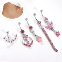 Stainless Steel Belly Ring, 316L Stainless Steel, with Rhinestone, 5 pieces & fashion jewelry & for woman & with rhinestone, pink, 5MMu73e 5f2fu6746 