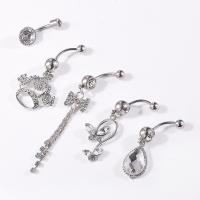Stainless Steel Belly Ring, 316L Stainless Steel, with Rhinestone, 5 pieces & fashion jewelry & for woman & with rhinestone, silver color, 5MMu94a2u73e 5f2fu6746 