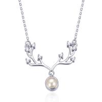 Cubic Zircon Micro Pave Sterling Silver Necklace, 925 Sterling Silver, with Shell Pearl, with 30mm extender chain, Antlers, plated, micro pave cubic zirconia & for woman Approx 16.3 