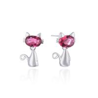 Sterling Silver Stud Earring, 925 Sterling Silver, with Crystal, Cat, platinum plated, with plastic earnut & for woman 