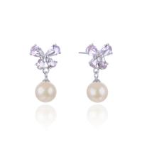 Cubic Zirconia Micro Pave Sterling Silver Earring, 925 Sterling Silver, with Shell Pearl, platinum plated, with plastic earnut & micro pave cubic zirconia & for woman 